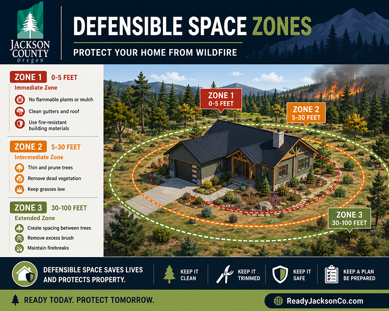 Infographic showing defensible space zones around a home to reduce wildfire risk. The image includes a house surrounded by three labeled zones: 0 to 5 feet (immediate zone), 5 to 30 feet (intermediate zone), and 30 to 100 feet (extended zone). Each zone includes guidance such as clearing flammable materials, trimming vegetation, and spacing trees. The background shows a wildfire approaching in the distance, emphasizing the importance of preparing your property.